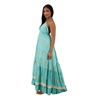 Palm Tree Halter Glitter Maxi in Teal — lurex rayon halter maxi dress with built-in slip