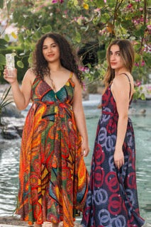 Vacation Dress Multi Color — vibrant orange boho maxi dress with adjustable straps