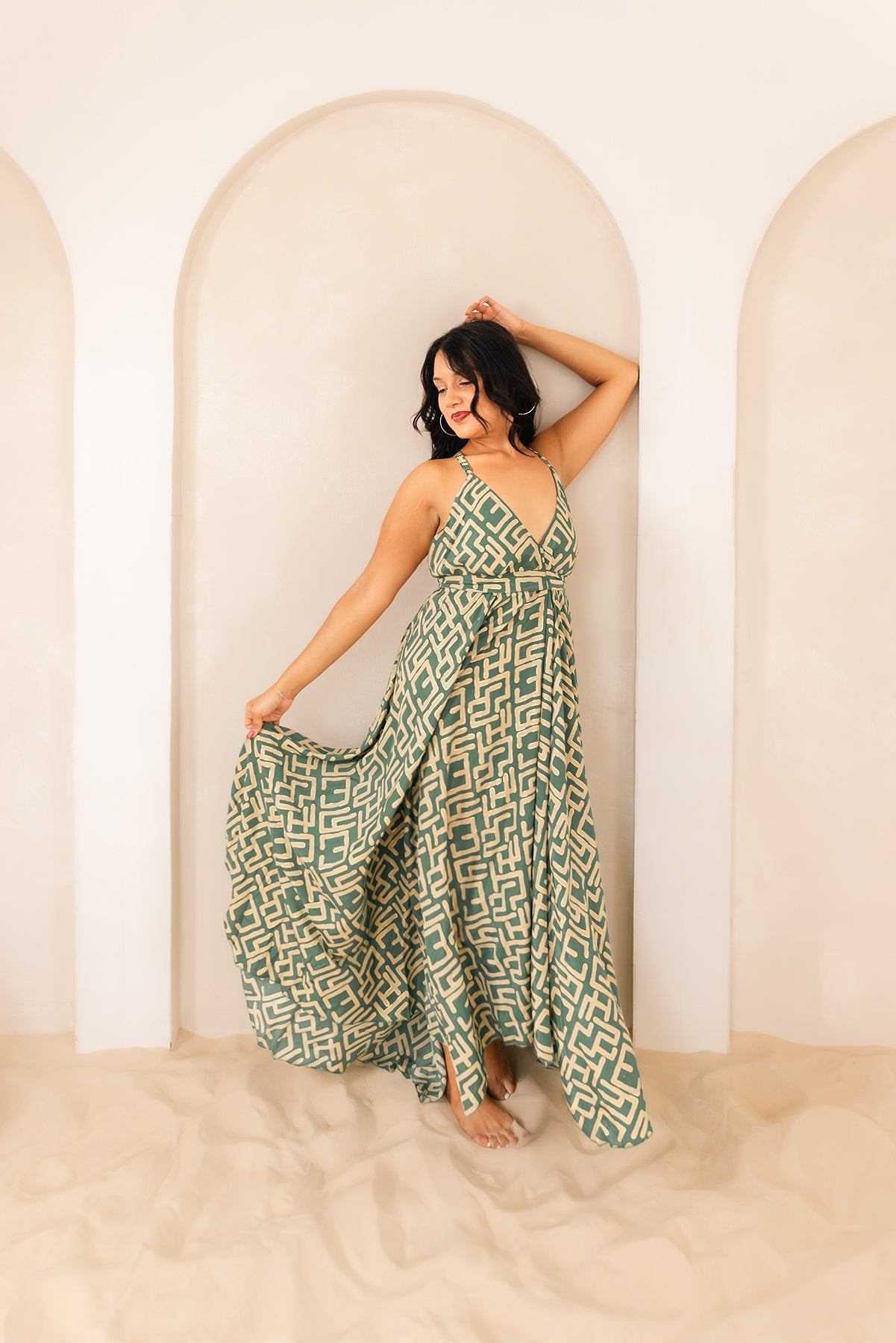 Vacation Dress Global Print in Green — one-size maxi dress fits sizes 2-22
