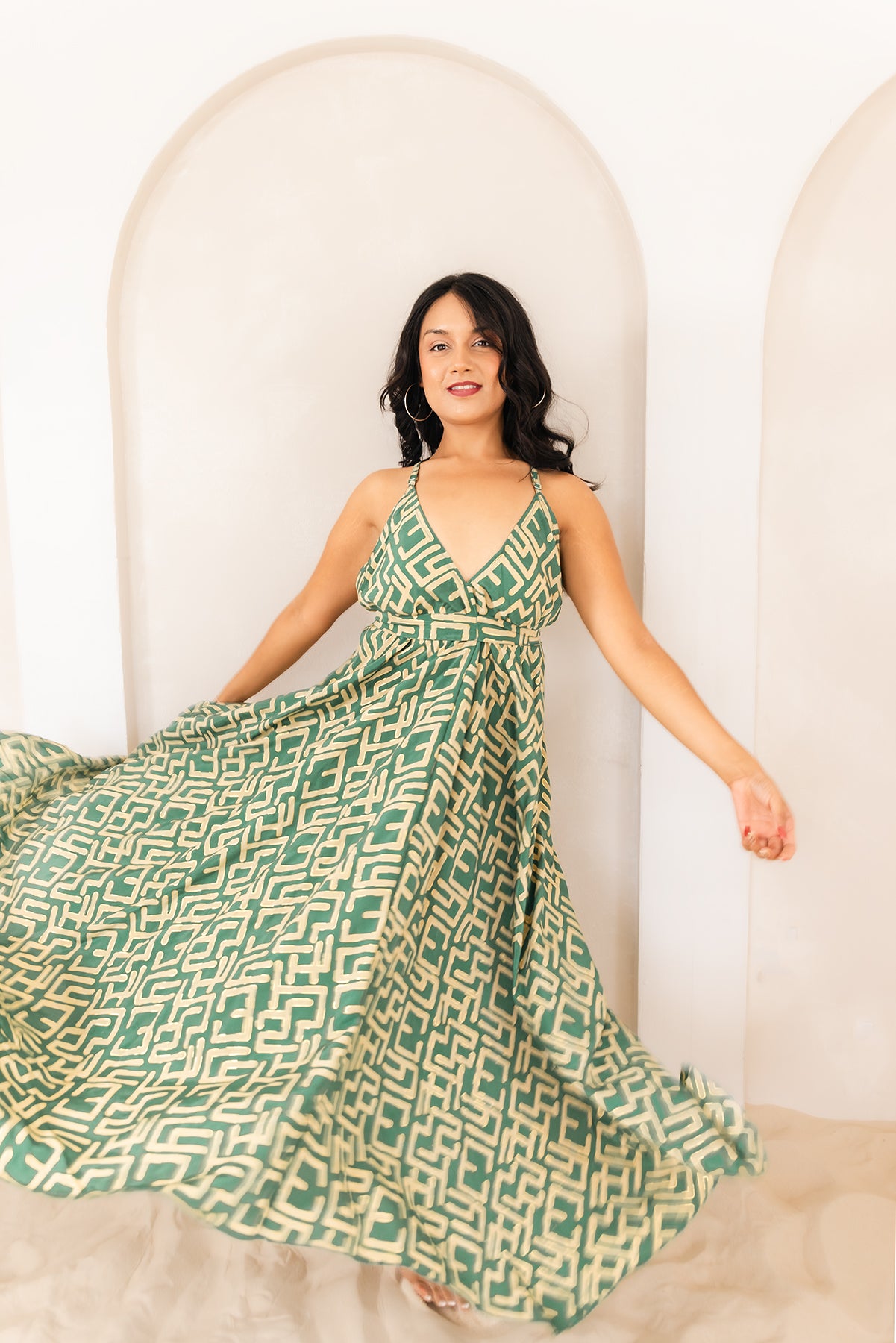 Vacation Dress Global Print in Green — one-size maxi dress fits sizes 2-22