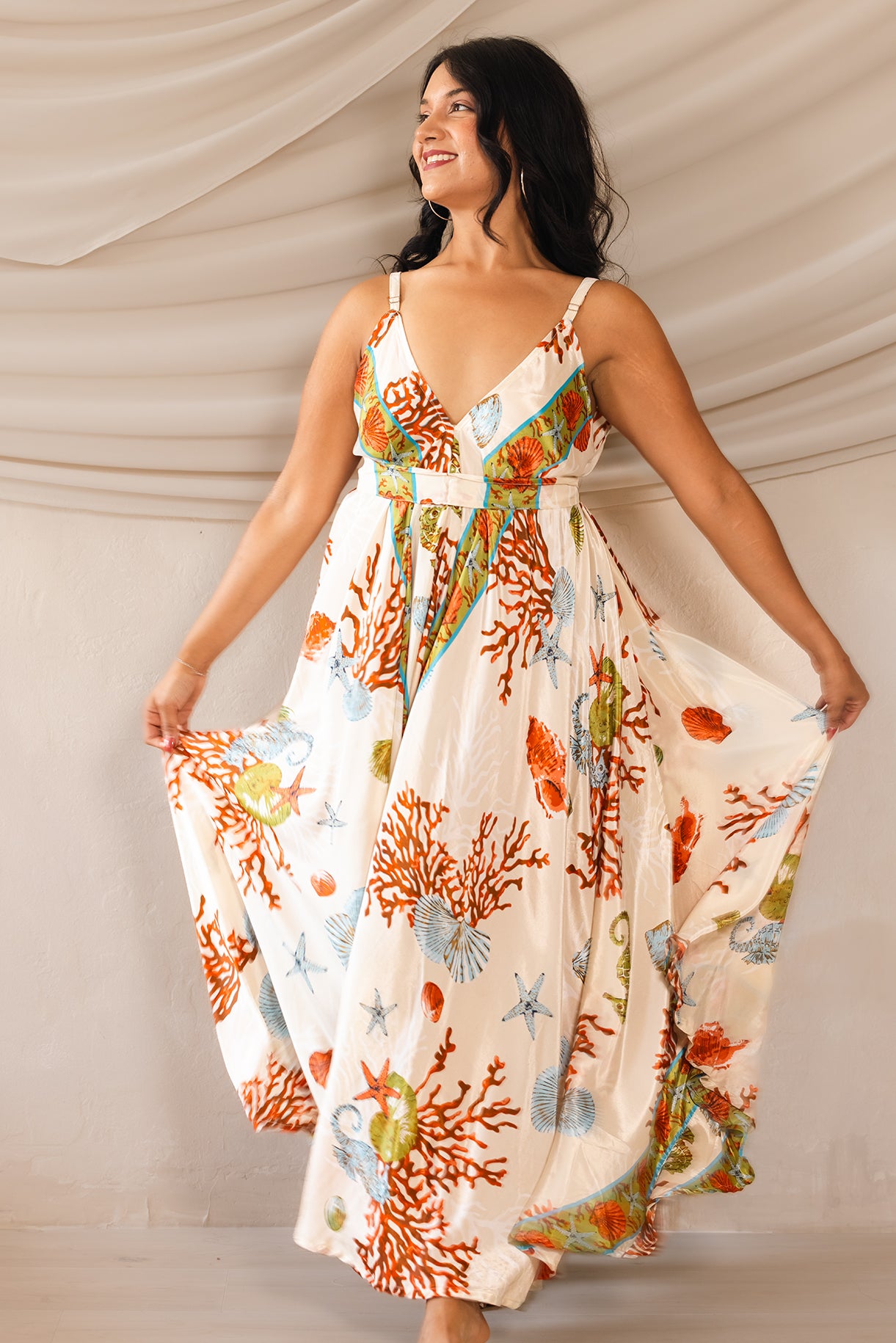Vacation Dreamy Dress in Cream — one-size silk & rayon maxi dress with adjustable straps