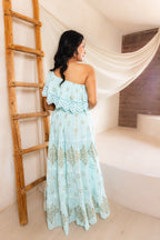 Amara Off-Shoulder Maxi Dress in Mint — embroidered boho maxi with shirred bodice