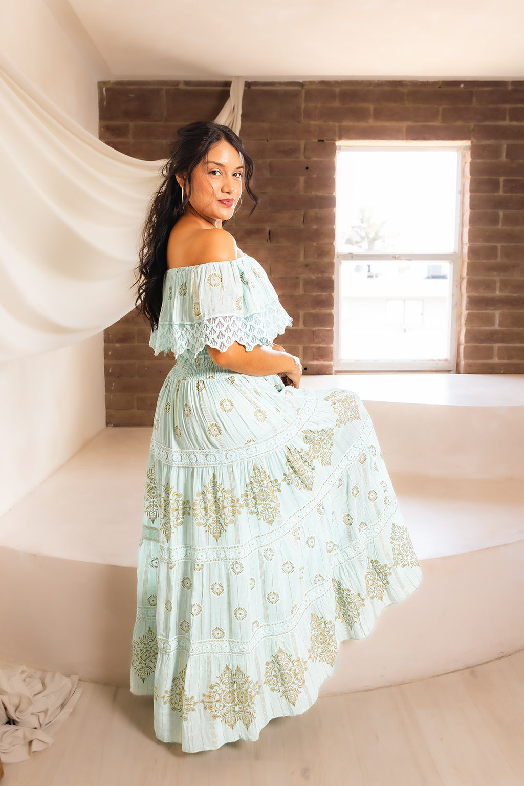Amara Off-Shoulder Maxi Dress in Mint — embroidered boho maxi with shirred bodice