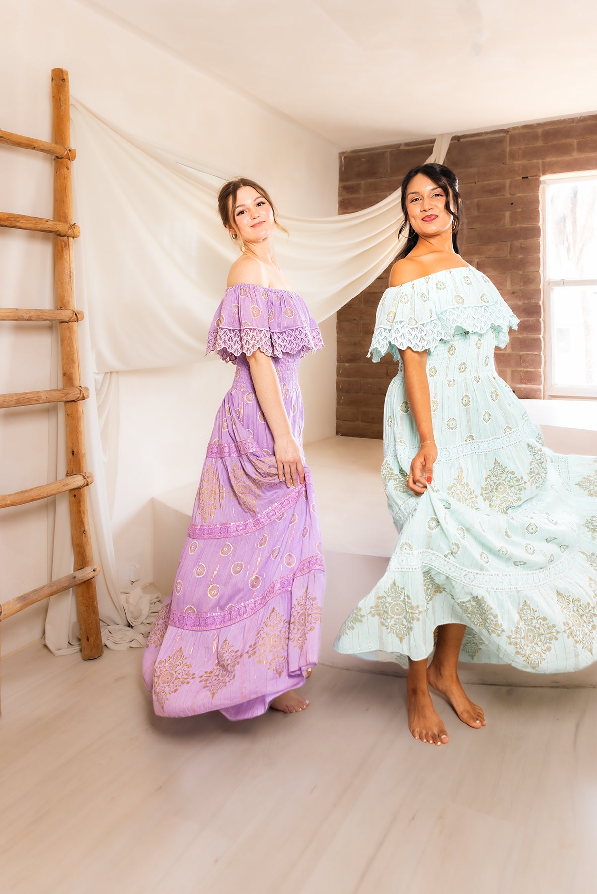 Amara Off-Shoulder Maxi Dress in Lilac — embroidered boho maxi with shirred bodice