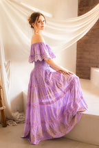 Amara Off-Shoulder Maxi Dress in Lilac — embroidered boho maxi with shirred bodice