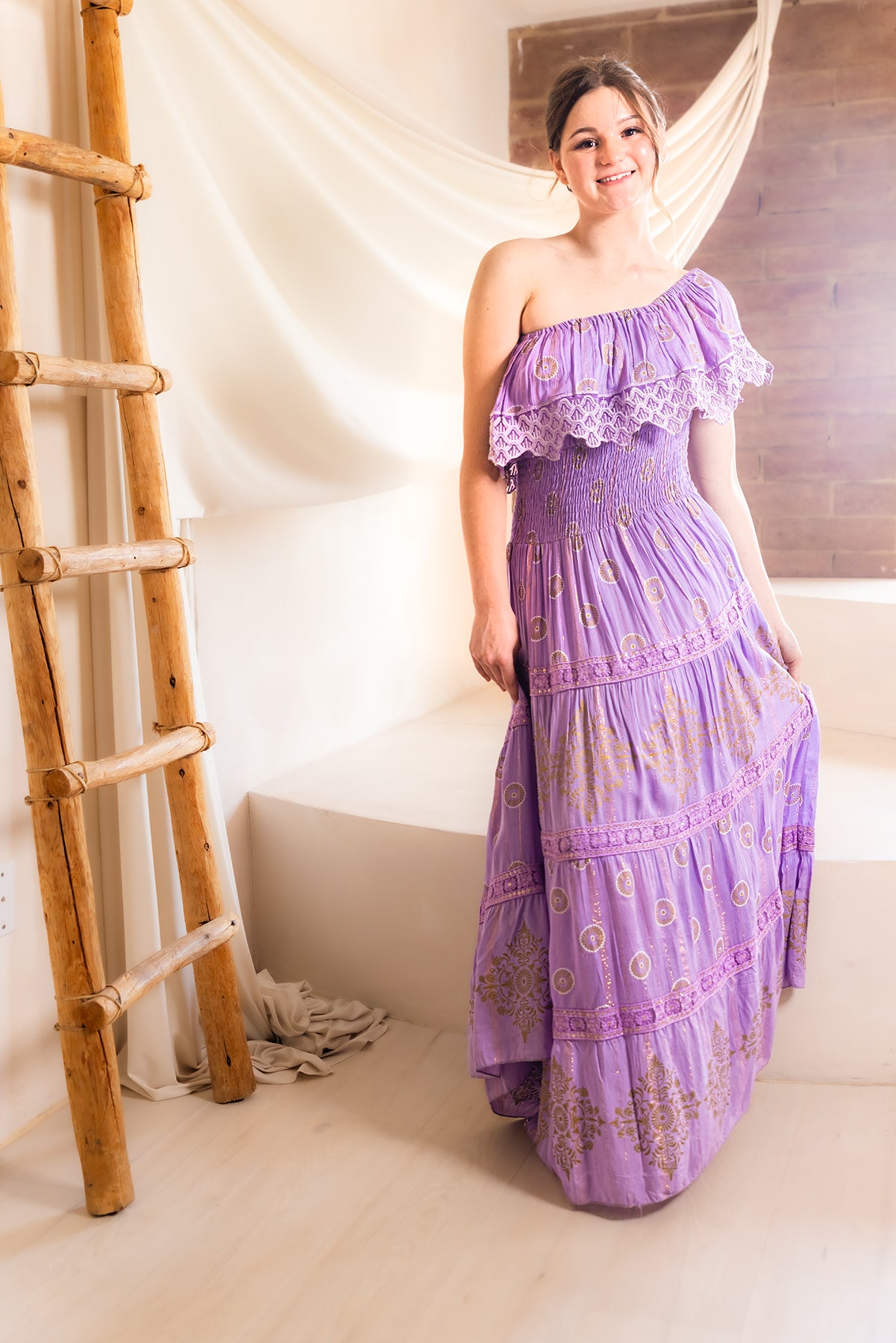 Amara Off-Shoulder Maxi Dress in Lilac — embroidered boho maxi with shirred bodice