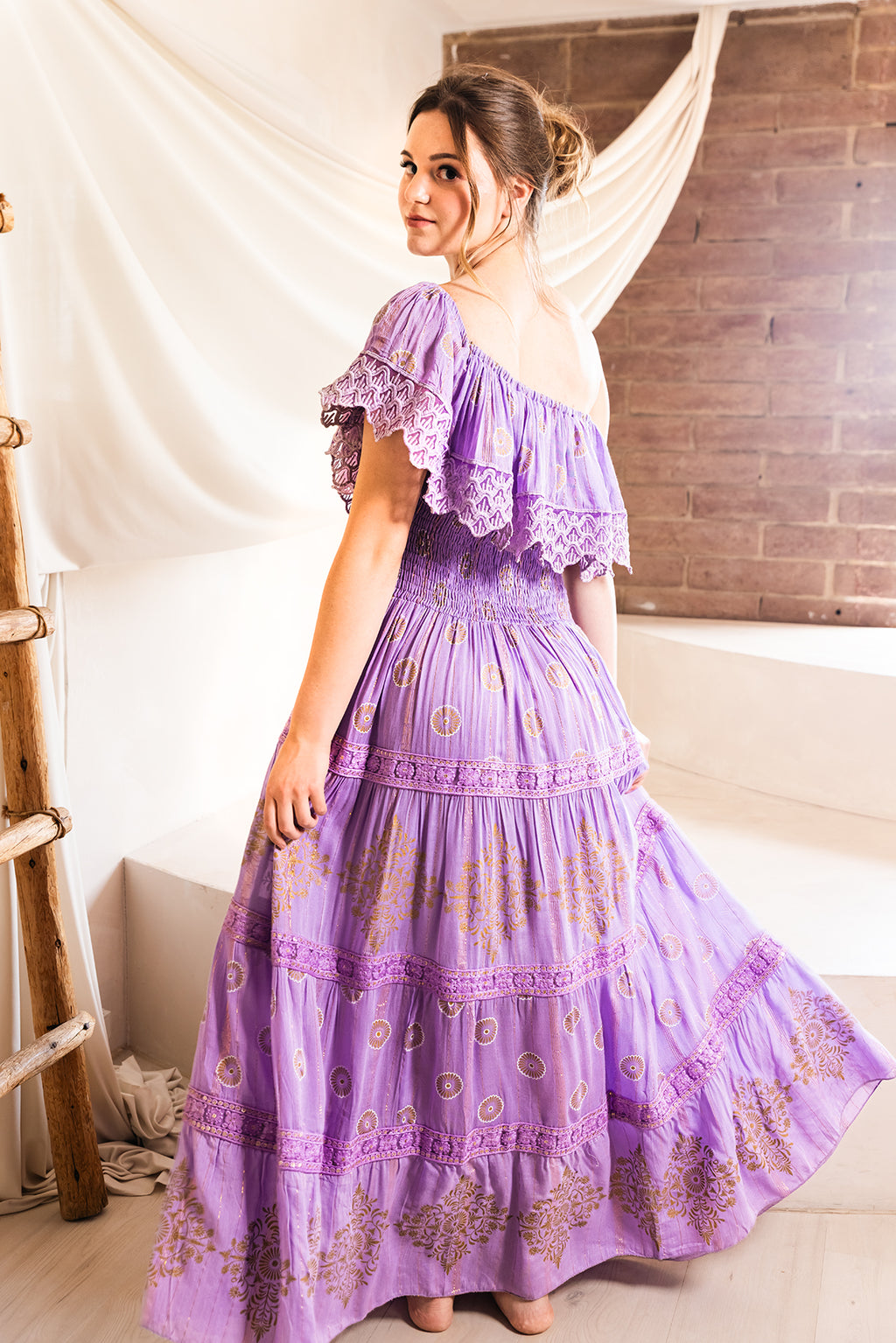 Amara Off-Shoulder Maxi Dress in Lilac — embroidered boho maxi with shirred bodice