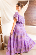 Amara Off-Shoulder Maxi Dress in Lilac — embroidered boho maxi with shirred bodice