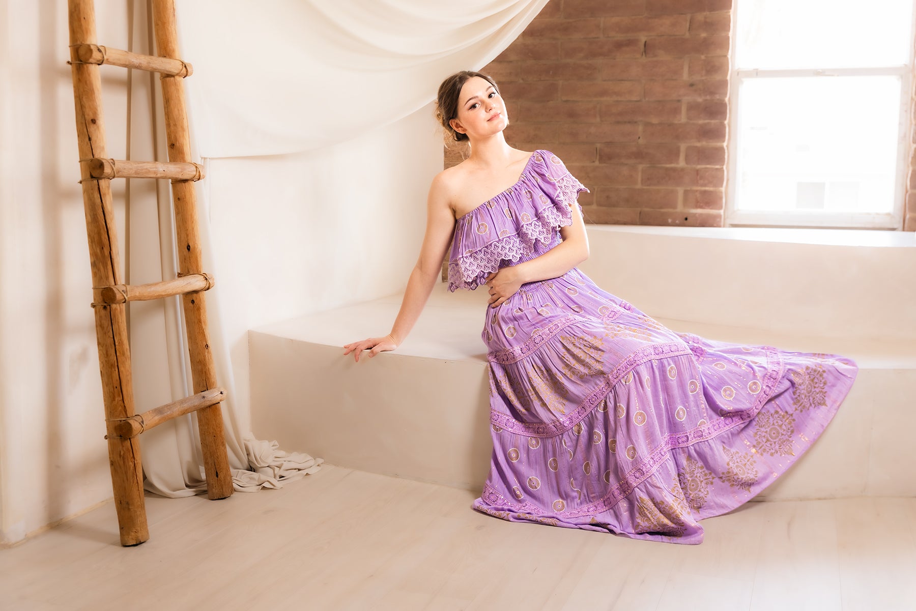 Amara Off-Shoulder Maxi Dress in Lilac — embroidered boho maxi with shirred bodice