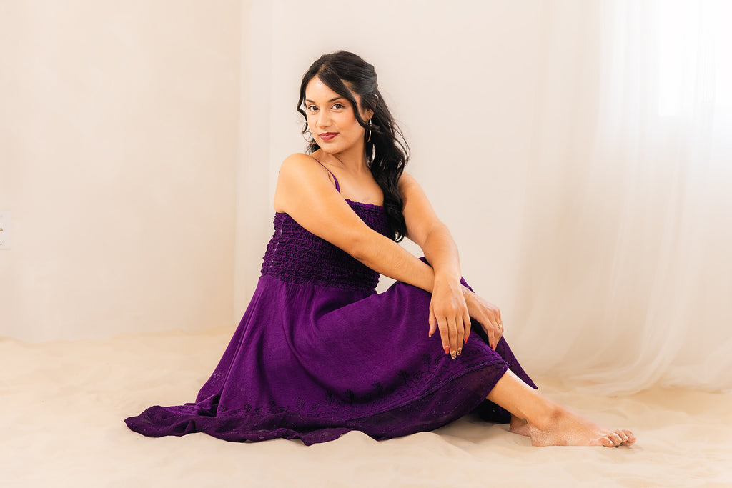 Celtic Ren Dress in Purple — smocked boho midi dress, fits sizes 2-16