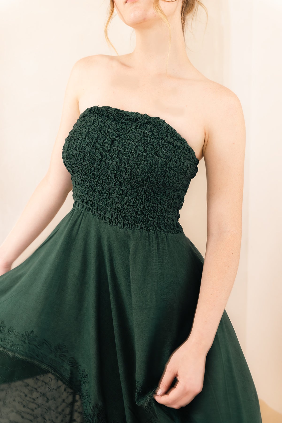 Celtic Ren Dress in Green — smocked boho midi dress, fits sizes 2-16
