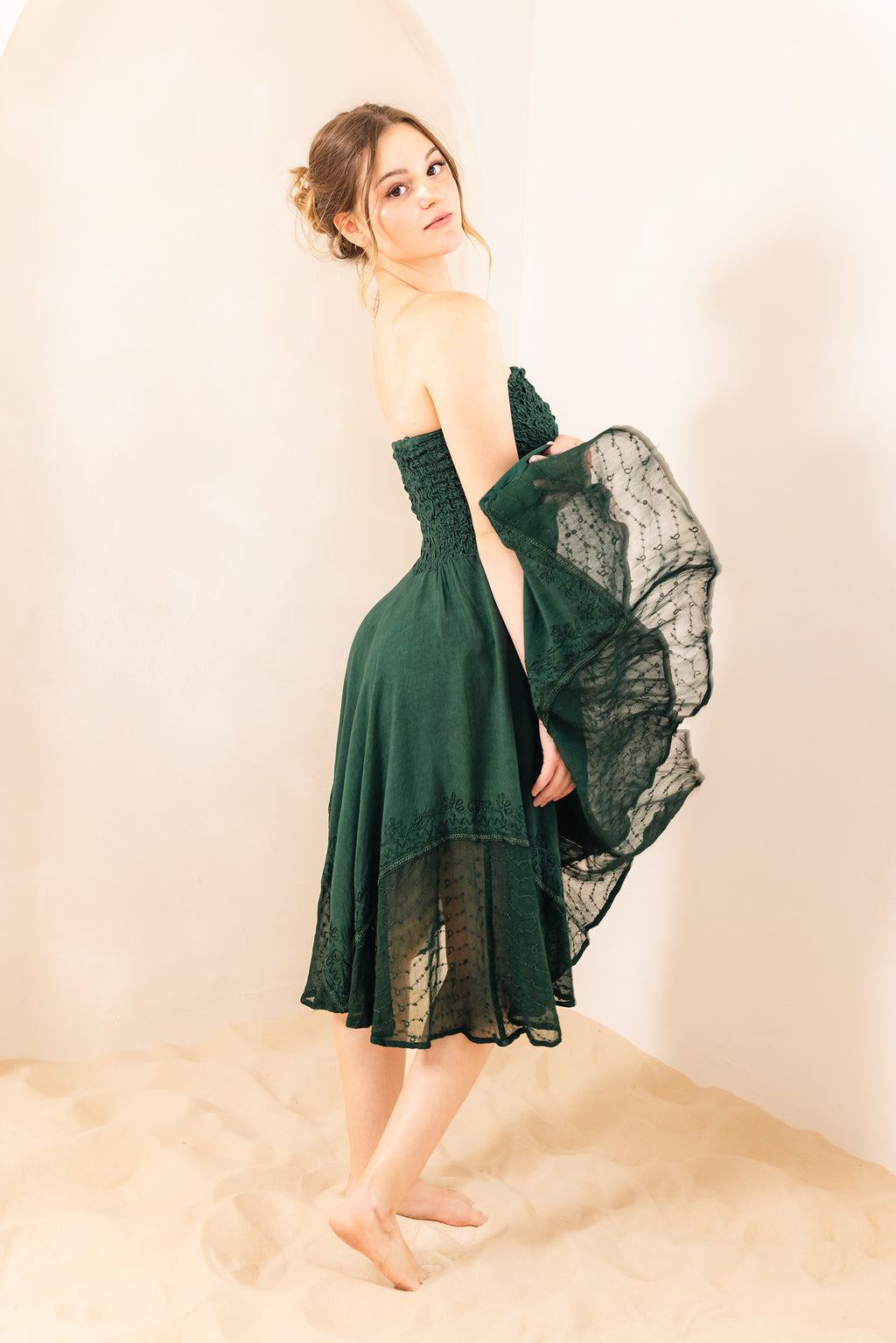 Celtic Ren Dress in Green — smocked boho midi dress, fits sizes 2-16