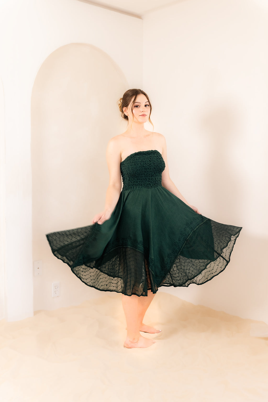 Celtic Ren Dress in Green — smocked boho midi dress, fits sizes 2-16