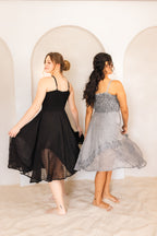 Celtic Ren Dress in Black — smocked boho midi dress, fits sizes 2-16