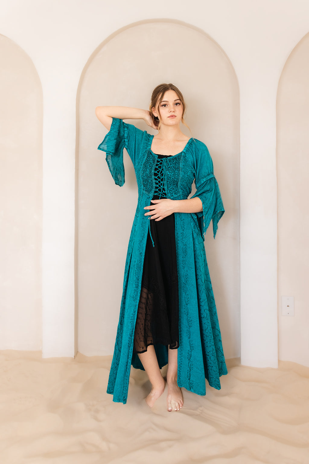 Turquoise Renaissance Jacket — Celtic-inspired corset maxi dress in breathable rayon