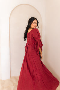 Burgundy Renaissance Jacket — Celtic-inspired corset maxi dress in breathable rayon