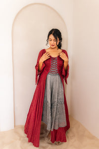 Burgundy Renaissance Jacket — Celtic-inspired corset maxi dress in breathable rayon