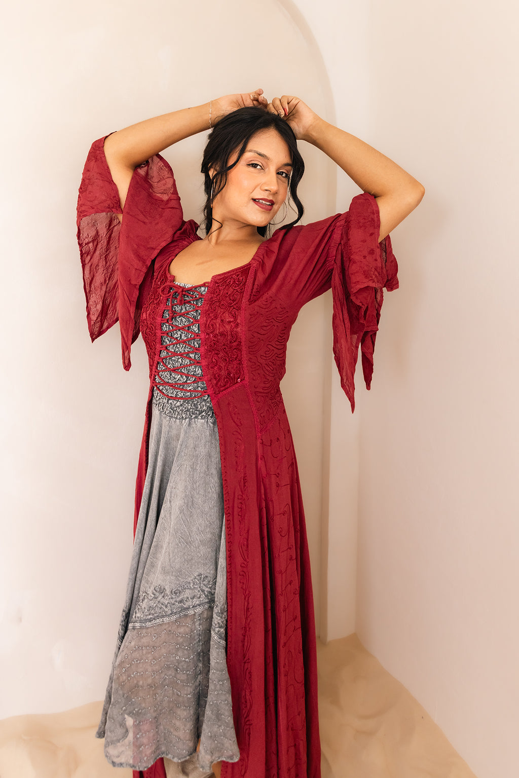 Burgundy Renaissance Jacket — Celtic-inspired corset maxi dress in breathable rayon