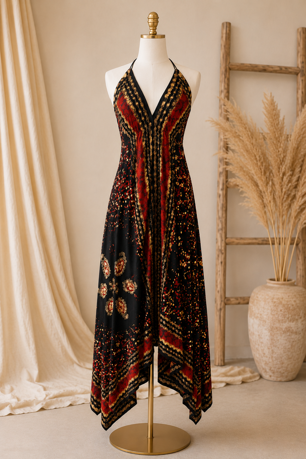 Red Batik Marble Halter Dress C3