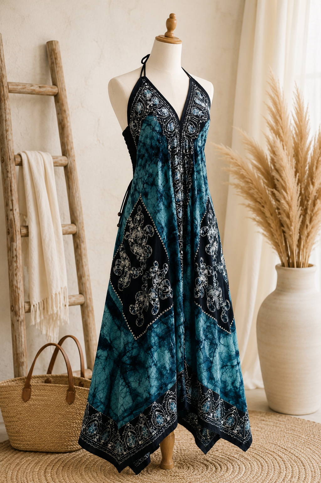 Aqua Batik Maxi Dress – Boho Vacation Style – BeautifulDresses-AZ