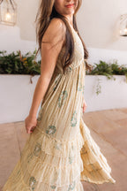 Lace Paisley Dress in Cream — flowy boho maxi with lace detail and adjustable straps