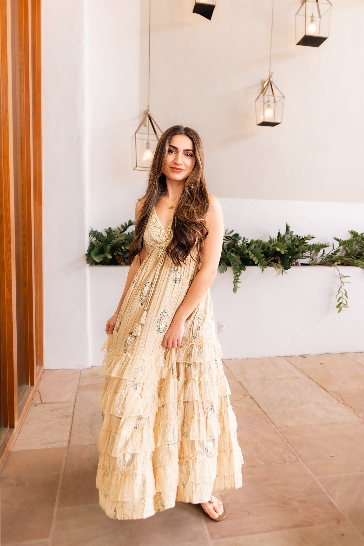 Lace Paisley Dress in Cream — flowy boho maxi with lace detail and adjustable straps