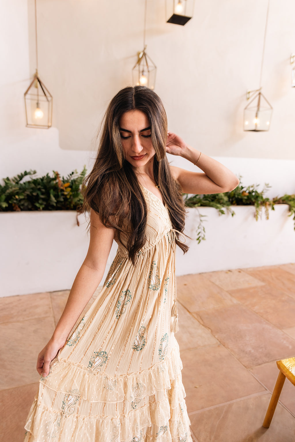 Lace Paisley Dress in Cream — flowy boho maxi with lace detail and adjustable straps
