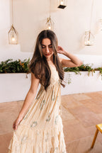 Lace Paisley Dress in Cream — flowy boho maxi with lace detail and adjustable straps