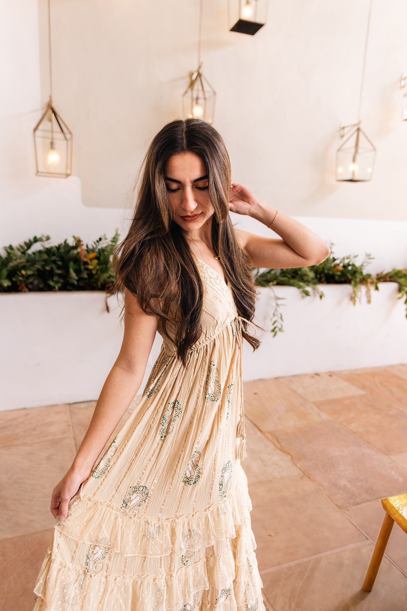 Lace Paisley Dress in Cream — flowy boho maxi with lace detail and adjustable straps