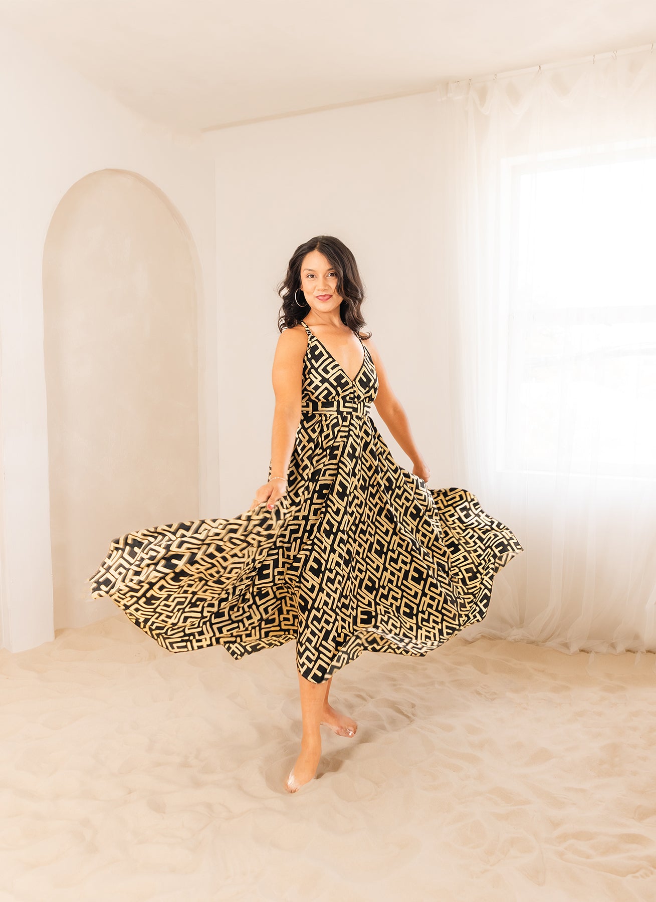 Vacation Dress Global Print in Black — one-size maxi dress fits sizes 2-22