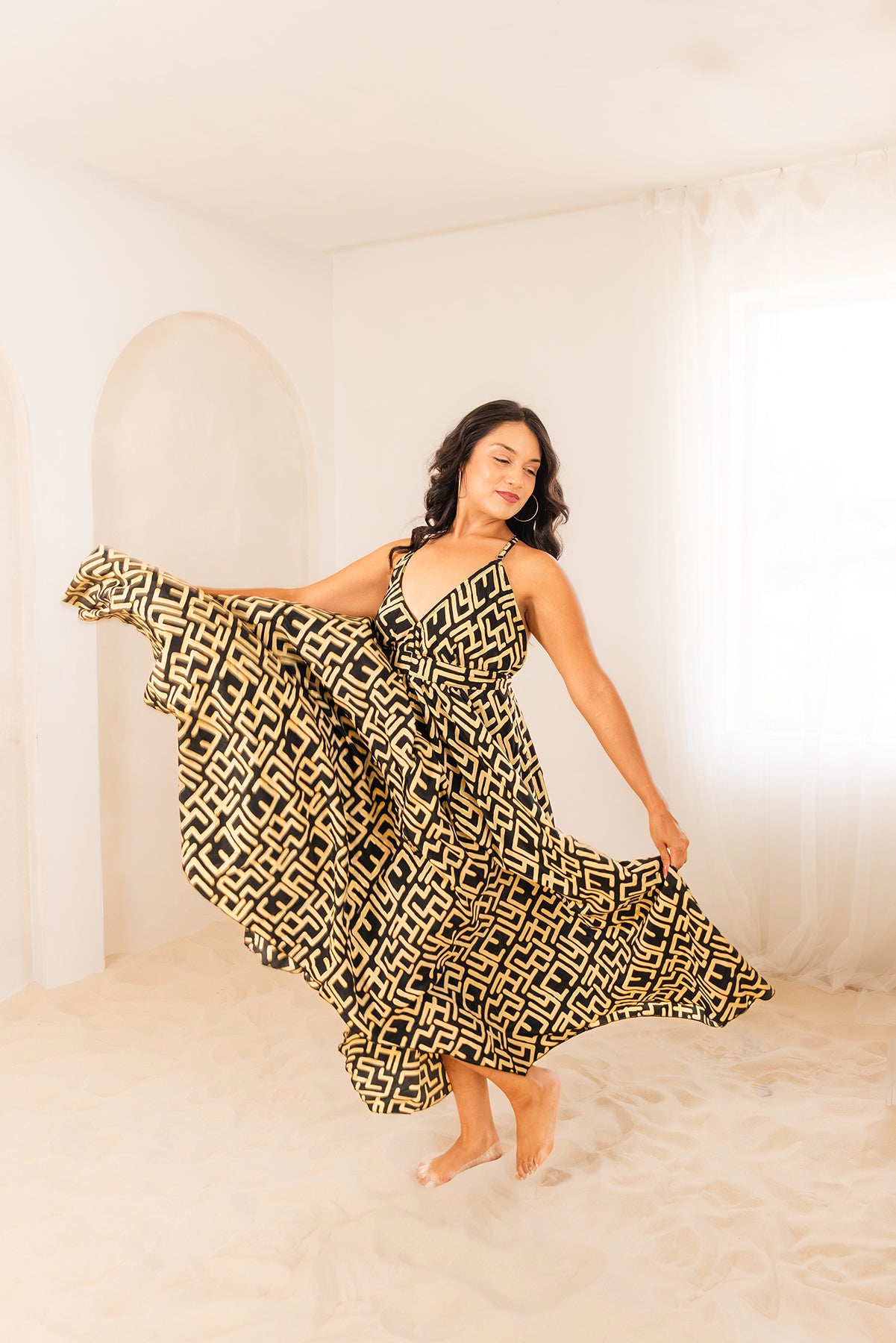 Vacation Dress Global Print in Black — one-size maxi dress fits sizes 2-22