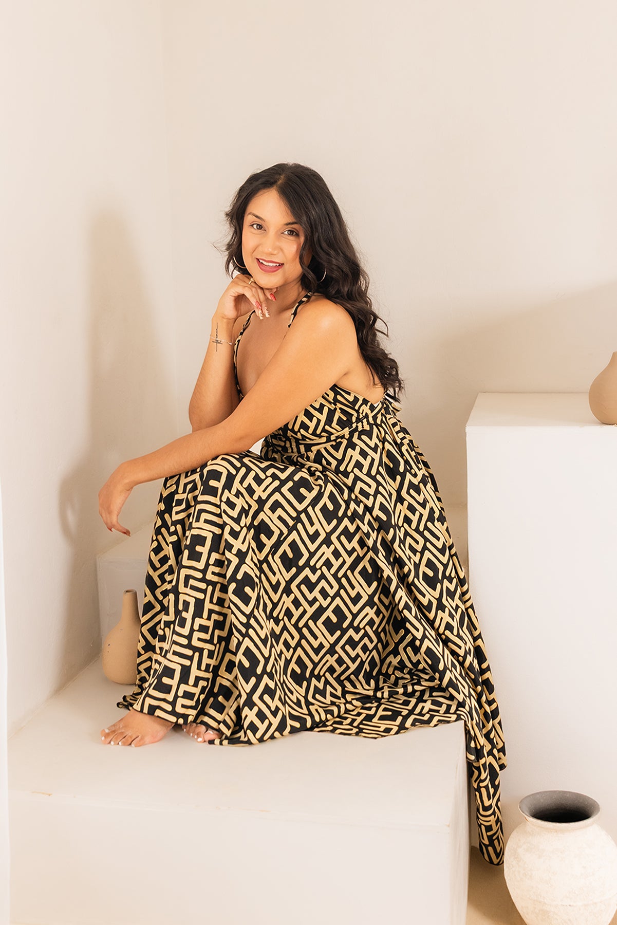 Vacation Dress Global Print in Black — one-size maxi dress fits sizes 2-22