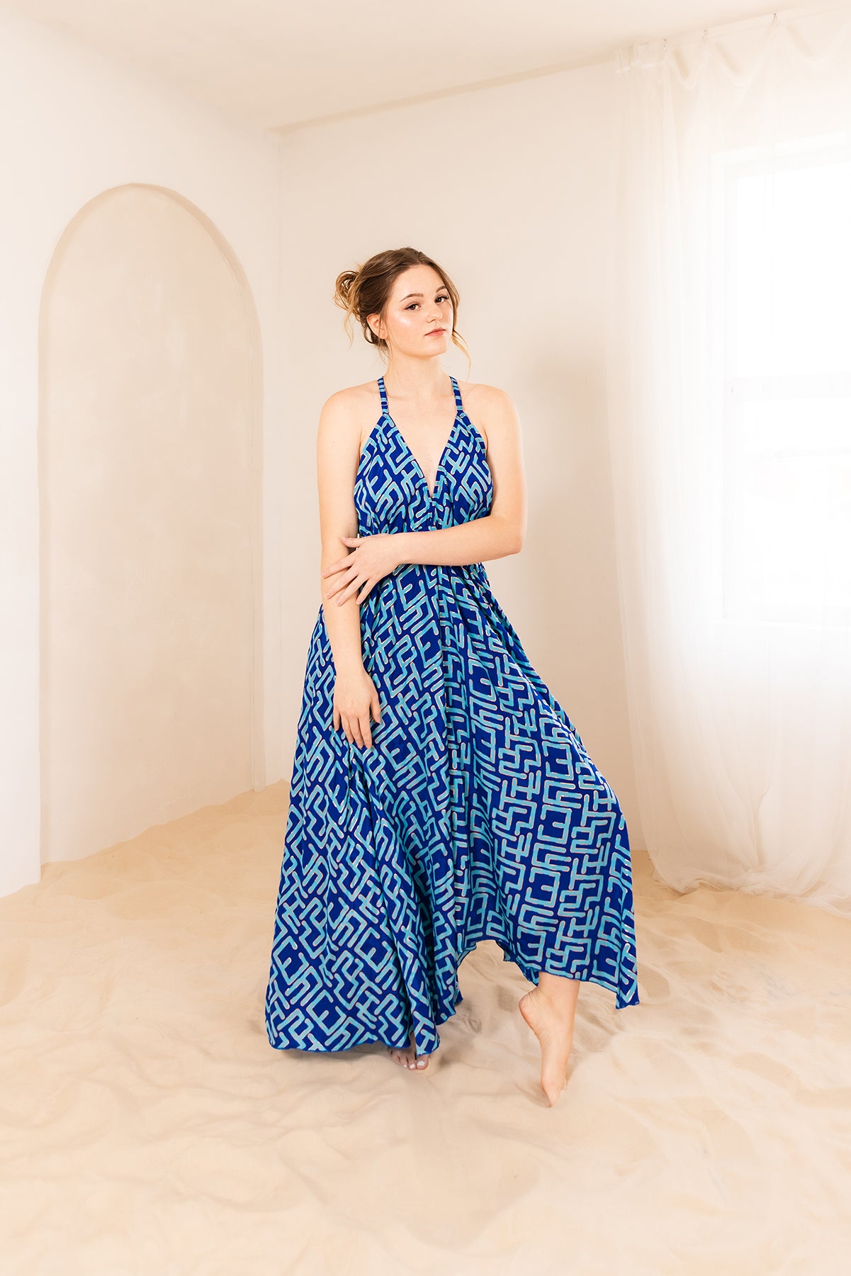 Vacation Dress Global Print in Turquoise — one-size maxi dress fits sizes 2-22