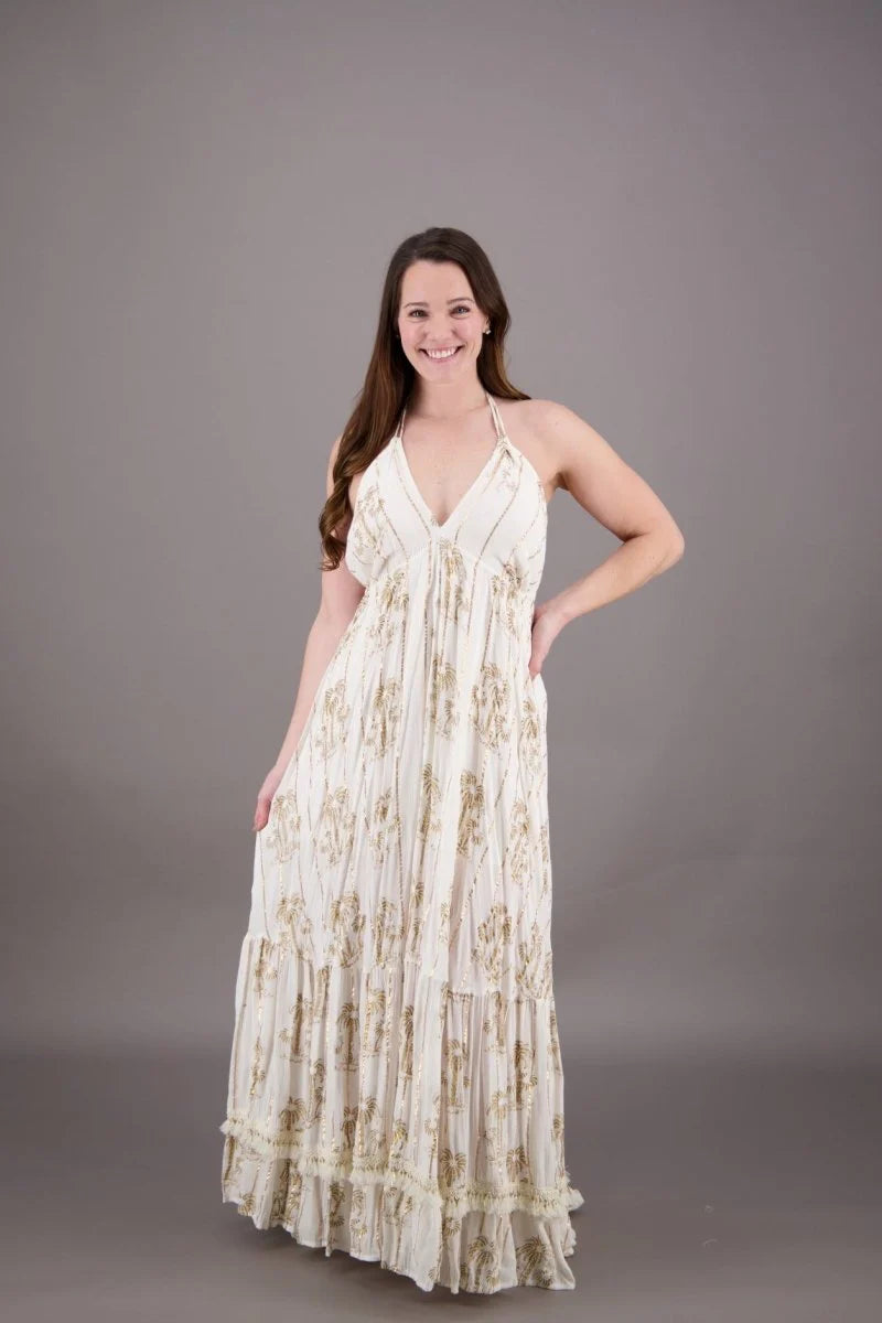 Palm Tree Halter Glitter Maxi in Cream — lurex rayon halter maxi dress with built-in slip
