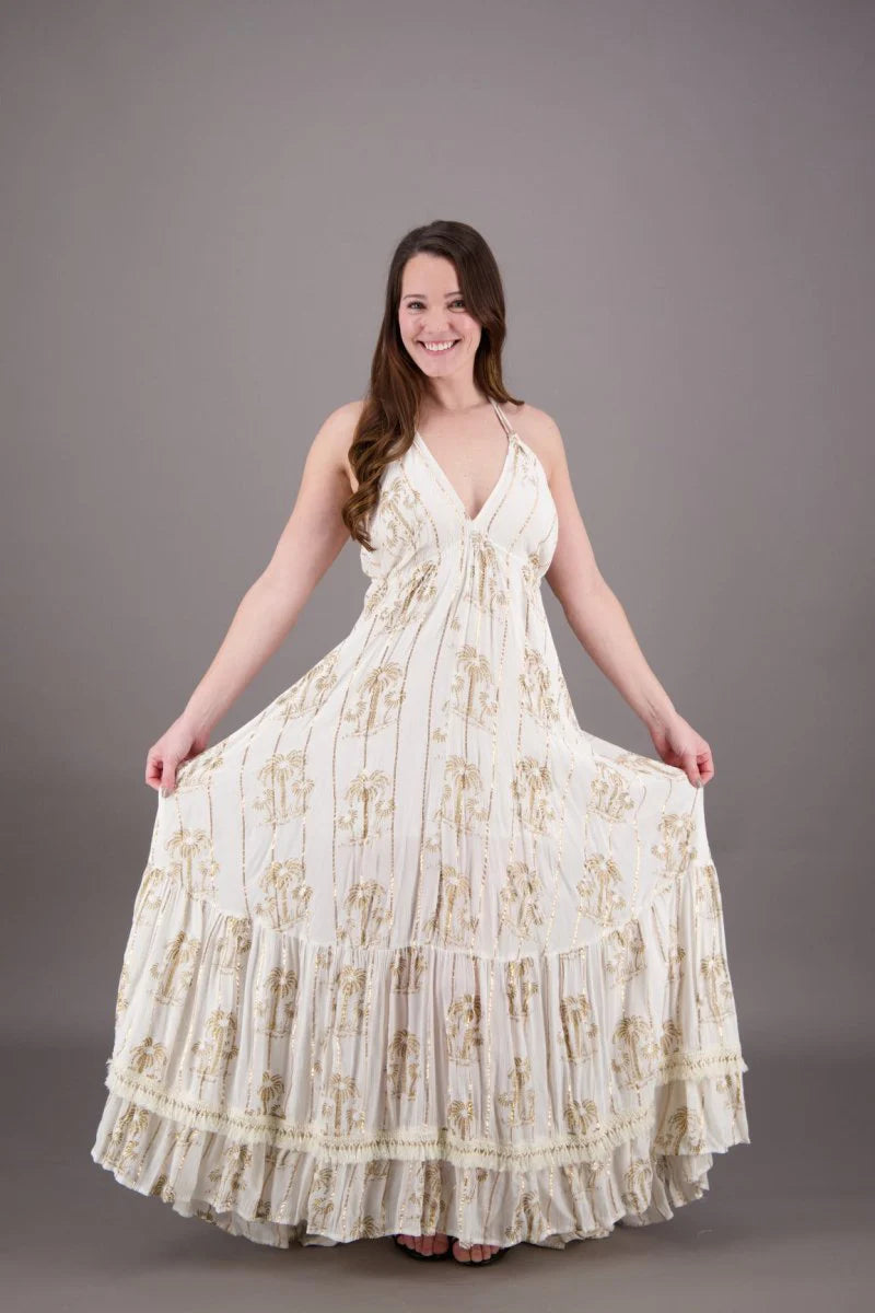 Palm Tree Halter Glitter Maxi in Cream — lurex rayon halter maxi dress with built-in slip