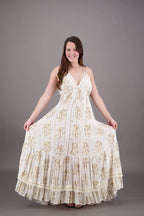 Palm Tree Halter Glitter Maxi in Cream — lurex rayon halter maxi dress with built-in slip