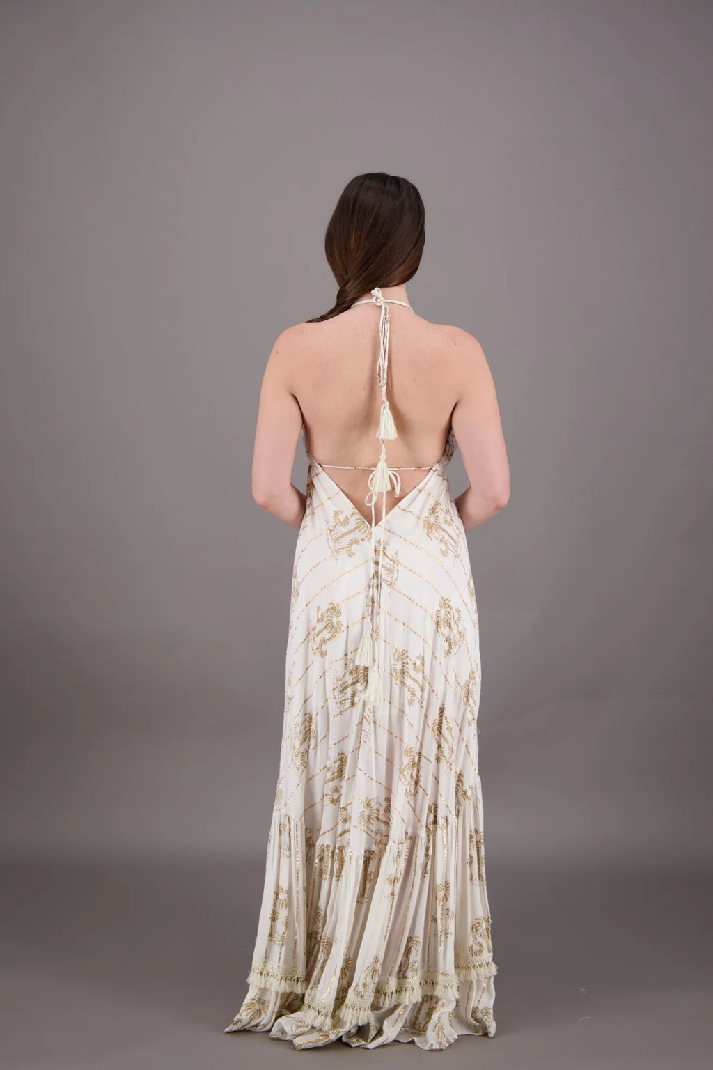 Palm Tree Halter Glitter Maxi in Cream — lurex rayon halter maxi dress with built-in slip