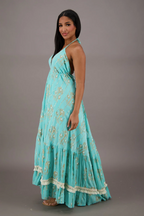 Palm Tree Halter Glitter Maxi in Teal — lurex rayon halter maxi dress with built-in slip