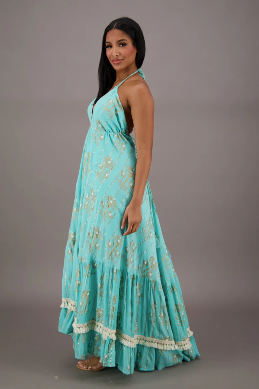 Palm Tree Halter Glitter Maxi in Teal — lurex rayon halter maxi dress with built-in slip