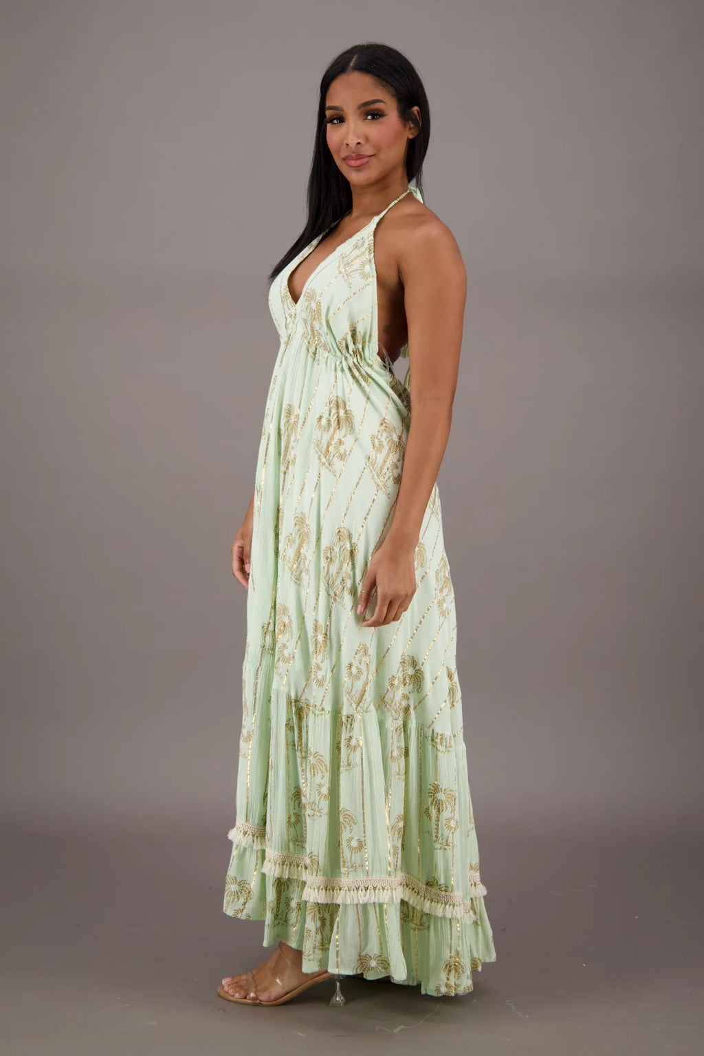 Palm Tree Halter Glitter Maxi in Mint — lurex rayon halter maxi dress with built-in slip
