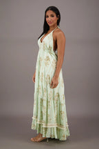 Palm Tree Halter Glitter Maxi in Mint — lurex rayon halter maxi dress with built-in slip