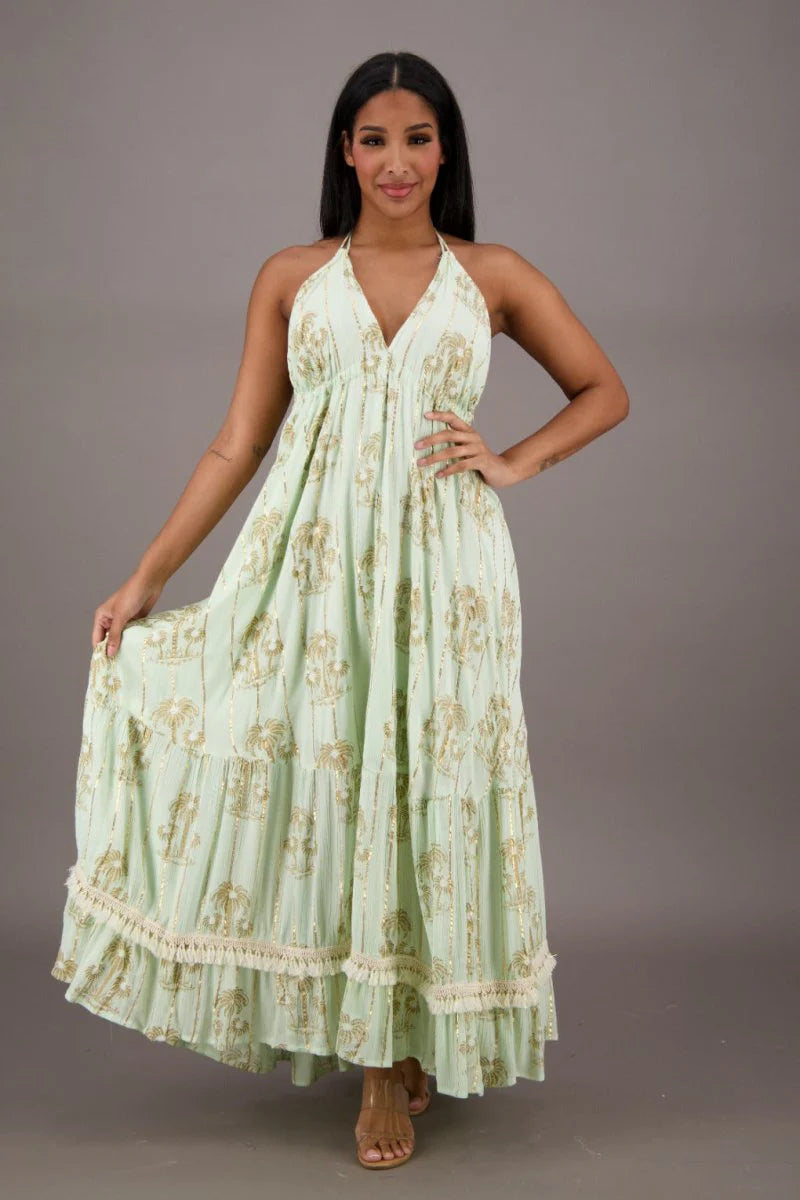 Palm Tree Halter Glitter Maxi in Mint — lurex rayon halter maxi dress with built-in slip