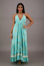 Palm Tree Halter Glitter Maxi in Teal — lurex rayon halter maxi dress with built-in slip